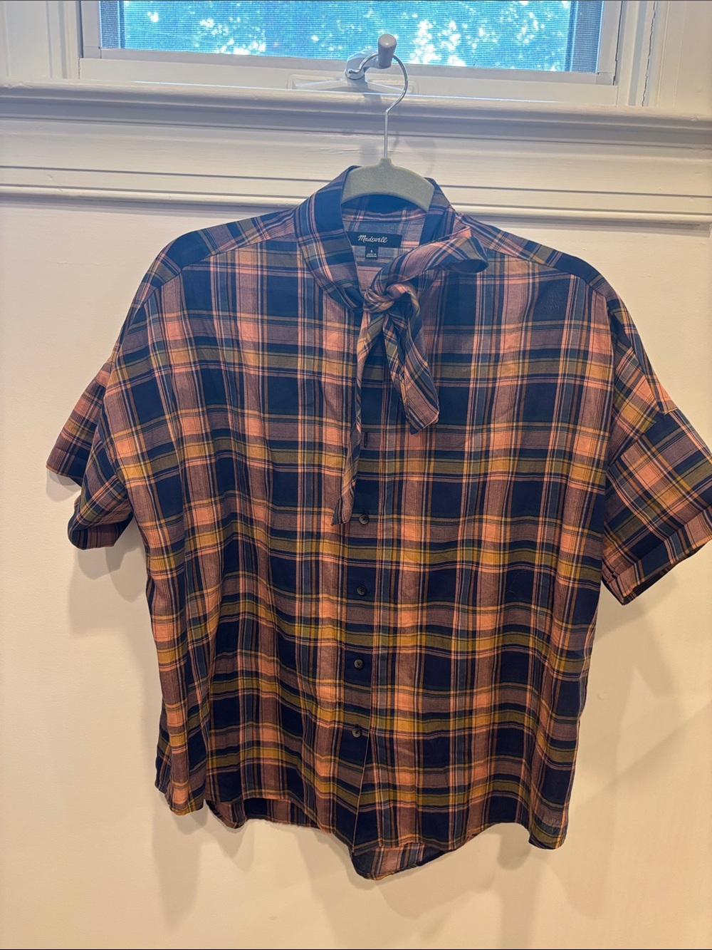Madewell Navy, Pink & Yellow Plaid Short-Sleeve Button-Down